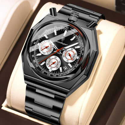 Poedagar 897 Men's Luxury Chronograph Quartz Watch – Stainless Steel Band, Waterproof, Luminous, Date