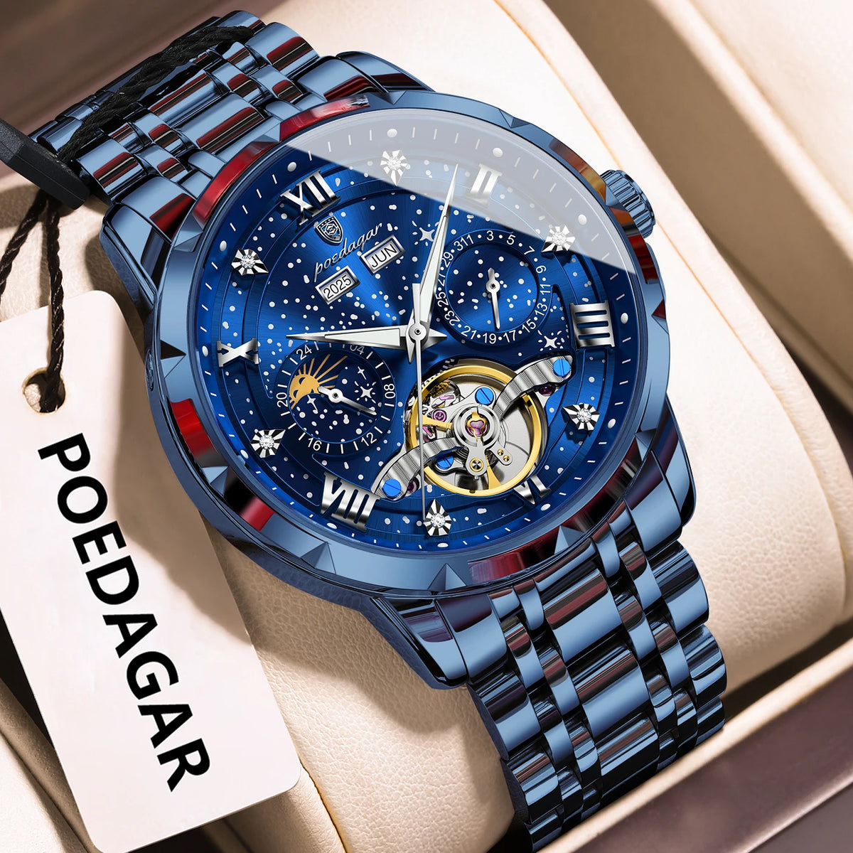 Poedagar 1420 Men's Luxury Automatic Mechanical Watch – Stainless Steel Band, Waterproof, Luminous, Date