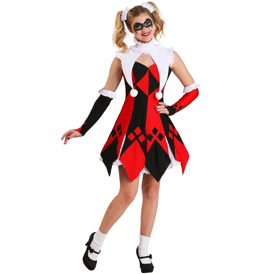 Colorful Harlequin Circus Clown Suit Costume by Mcroons, featuring bright patterns and classic clown design for performances or parties.