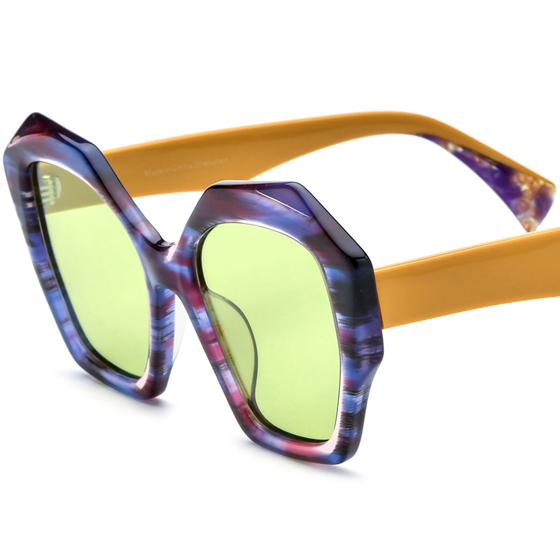 Oversized Cat Eye Acetate Polarized Sunglasses - Yellow Temple Green Lens - MCROONS