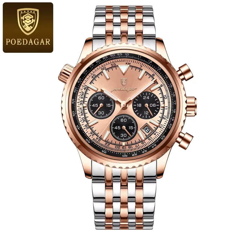 Poedagar 960 Men's Luxury Chronograph Quartz Watch – Stainless Steel Band, Waterproof, Luminous, Date