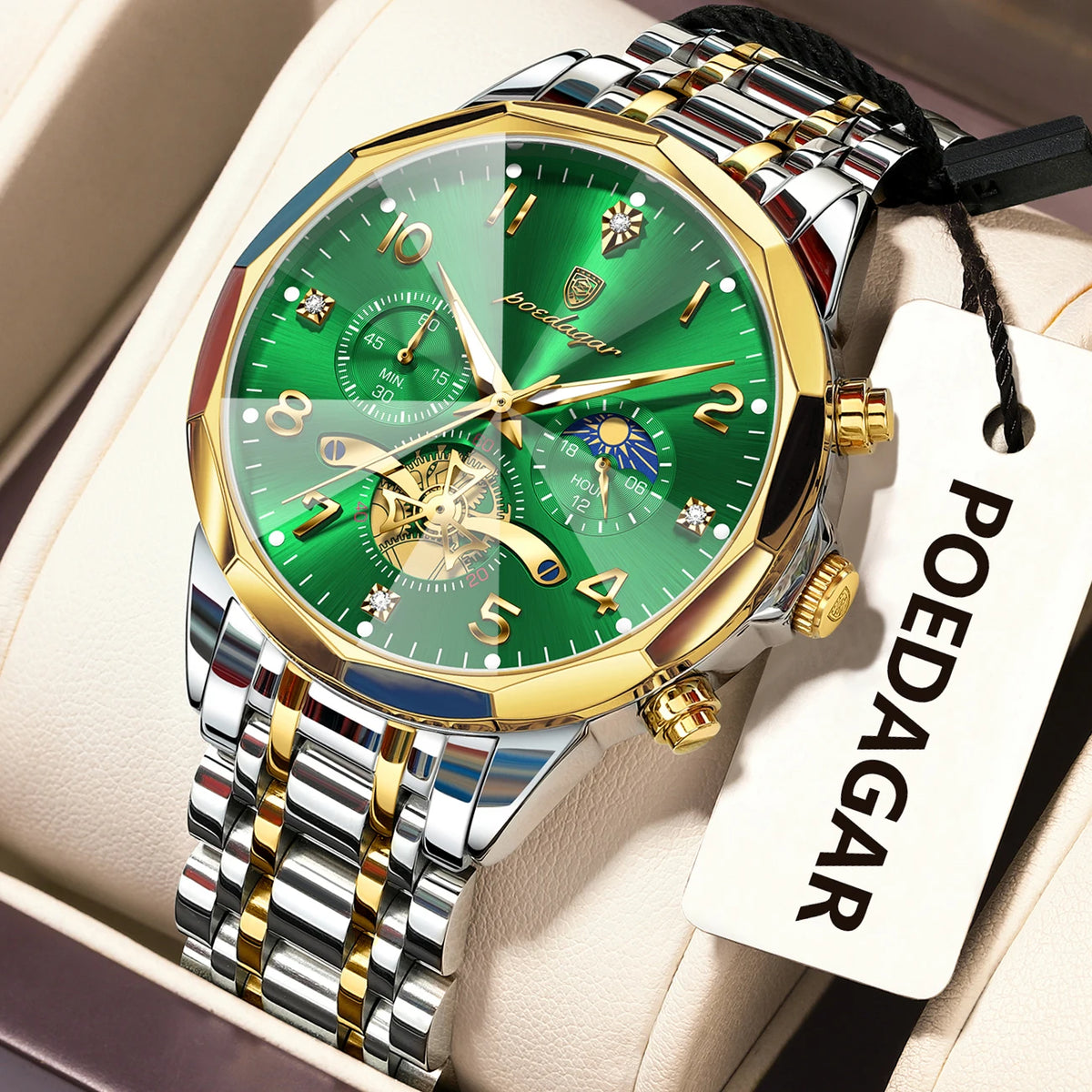 Poedagar 939 Men's Luxury Chronograph Quartz Watch – Stainless Steel Band, Waterproof, Luminous
