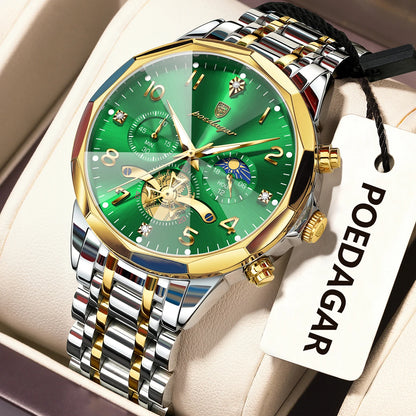 Poedagar 939 Men's Luxury Chronograph Quartz Watch – Stainless Steel Band, Waterproof, Luminous