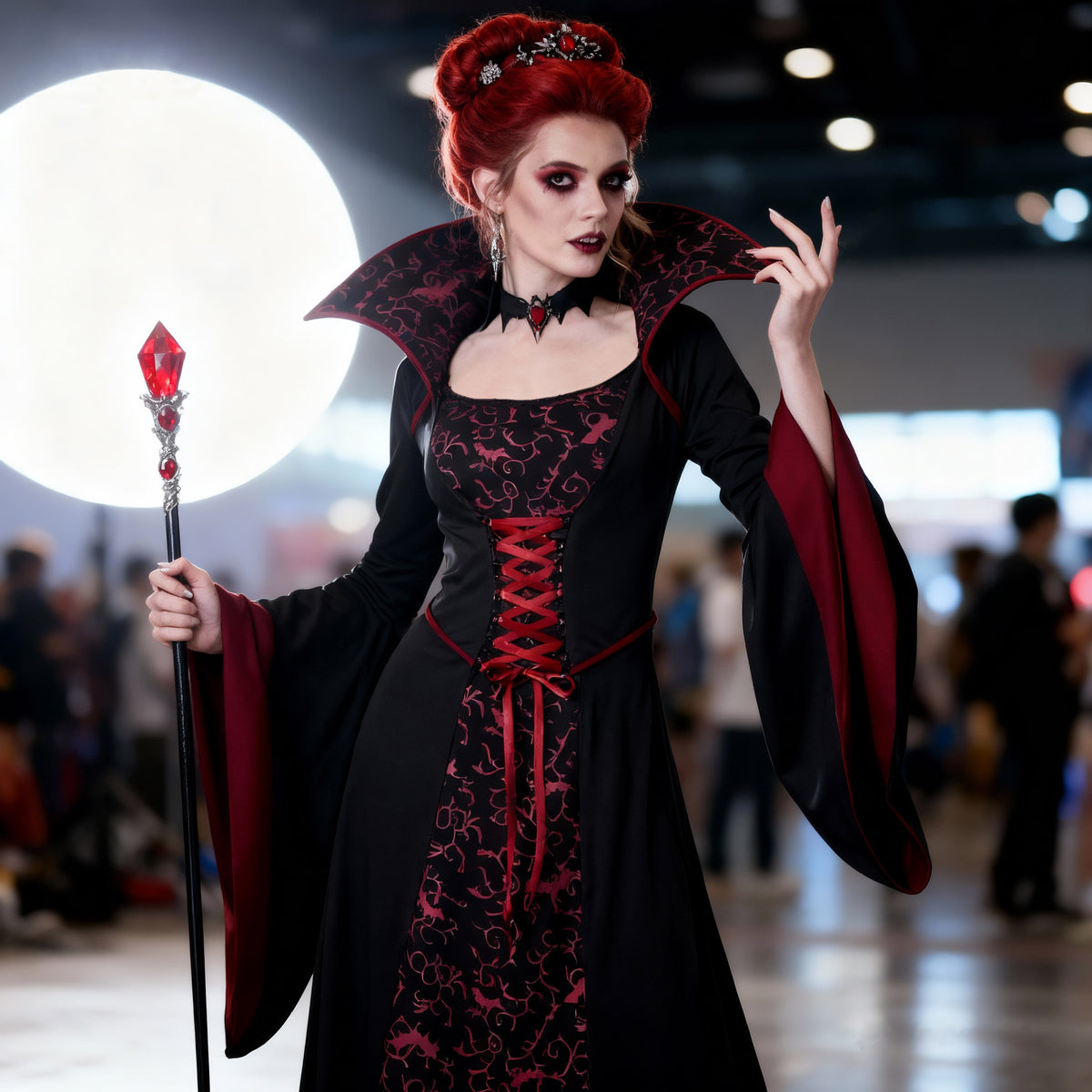 Dark Vampire Queen vintage court gown from MCROONS, featuring black lace and dramatic cape for Halloween costume.