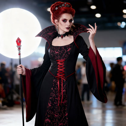Dark Vampire Queen vintage court gown from MCROONS, featuring black lace and dramatic cape for Halloween costume.