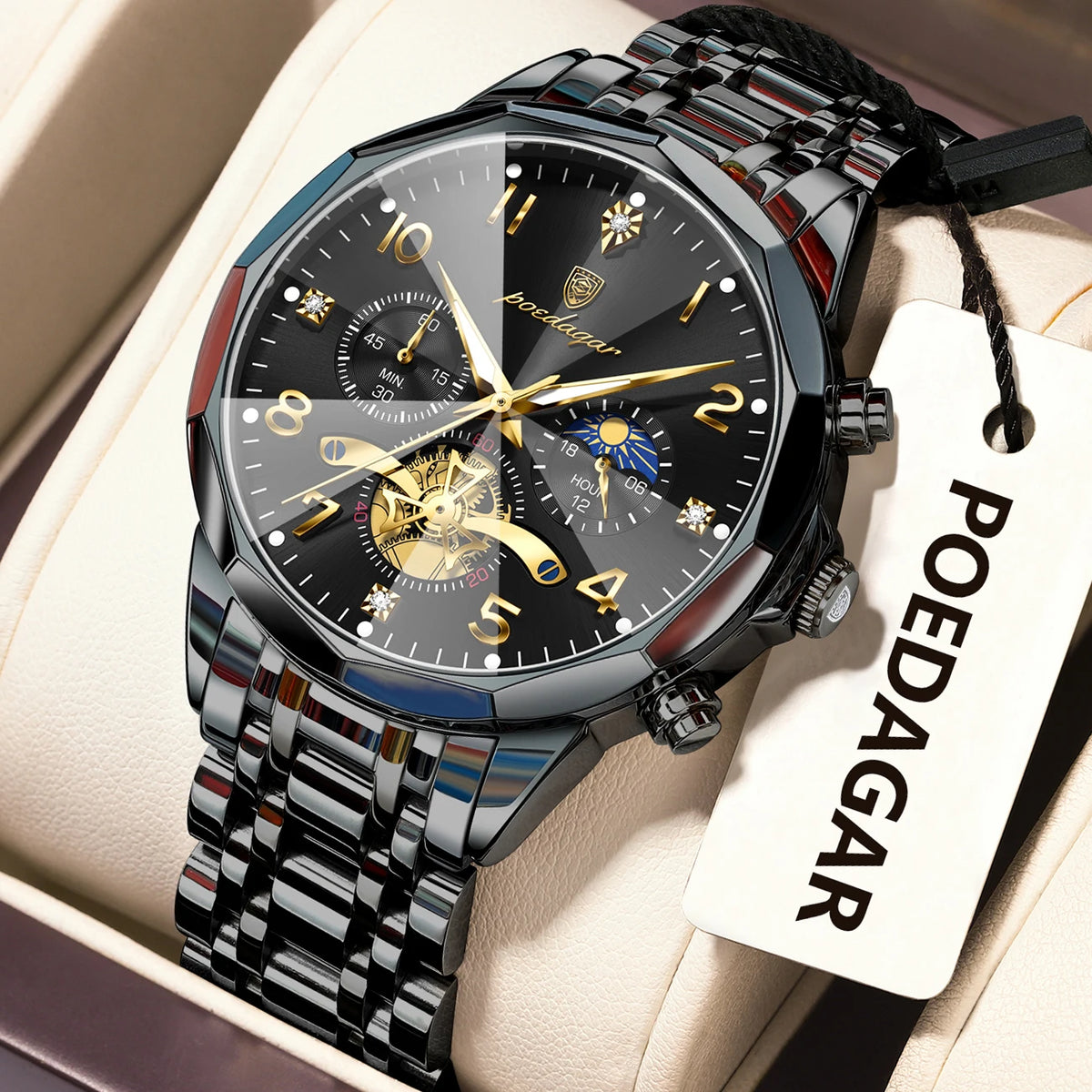 Poedagar 939 Men's Luxury Chronograph Quartz Watch – Stainless Steel Band, Waterproof, Luminous