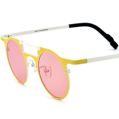 Colourful Titanium Round Polarised Sunglasses Retro - Yellow White Pink Lens - MCROONS