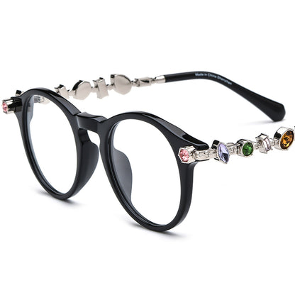 Luxury Round Acetate Optical Glasses Frame with Gem Trim - Black Silver - MCROONS