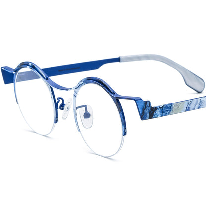 Titanium Semi-Rimless Round Optical Glasses Print - Blue - MCROONS