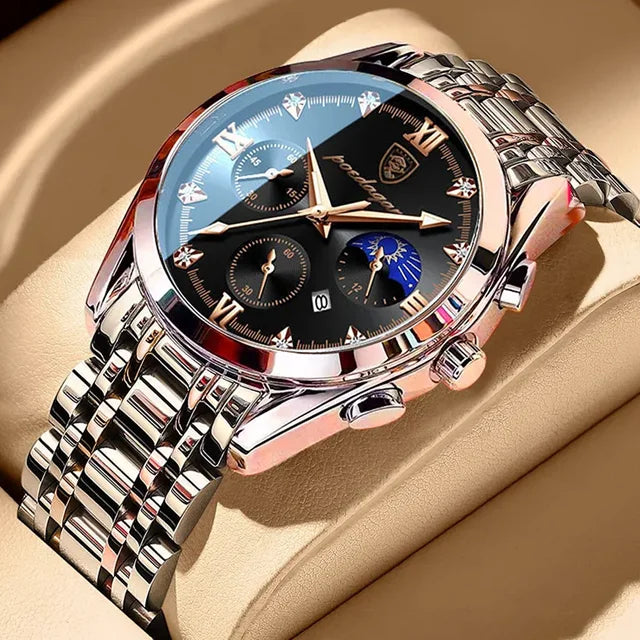 Poedagar 8068 Men's Luxury Quartz Watch – Stainless Steel Band, Waterproof, Luminous, Date