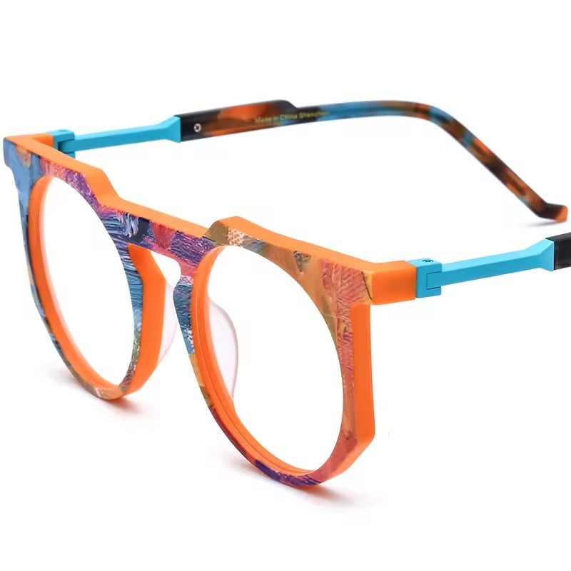 Oversized Round Multicolour Acetate Optical Glasses Frame - Orange - MCROONS