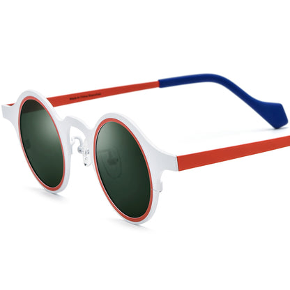 Colourful Titanium Round Polarised Sunglasses - White Frame Dark Green Lens - MCROONS