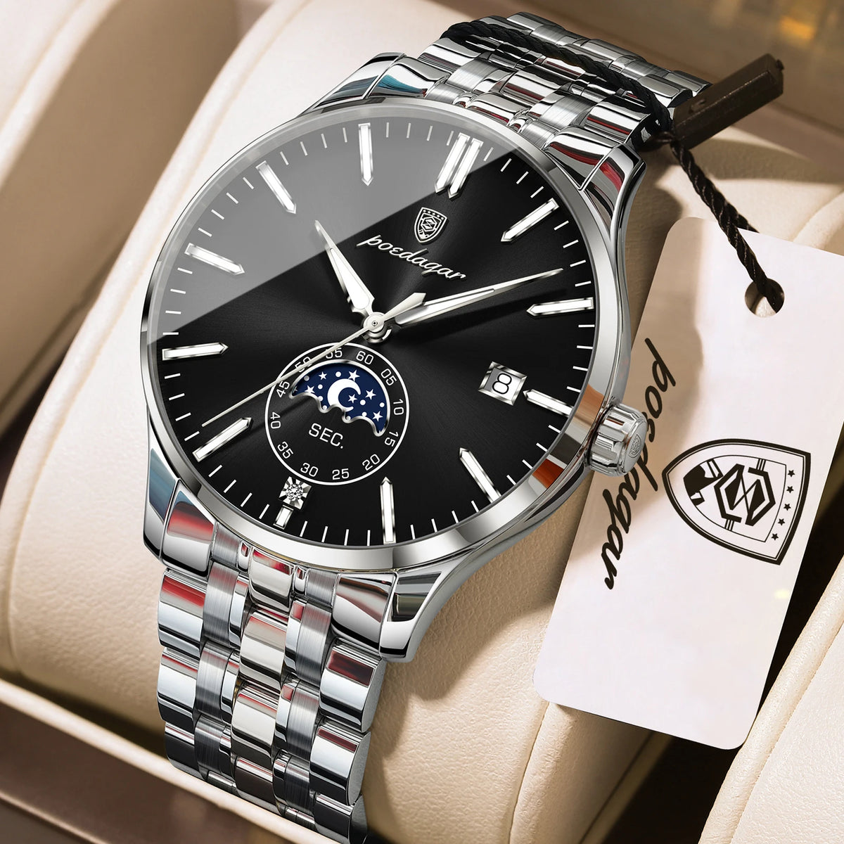 Poedagar 854 Men's Luxury Quartz Watch – Stainless Steel Band, Waterproof, Luminous, Date