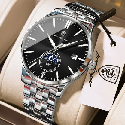 Poedagar 854 Men's Luxury Quartz Watch – Stainless Steel Band, Waterproof, Luminous, Date