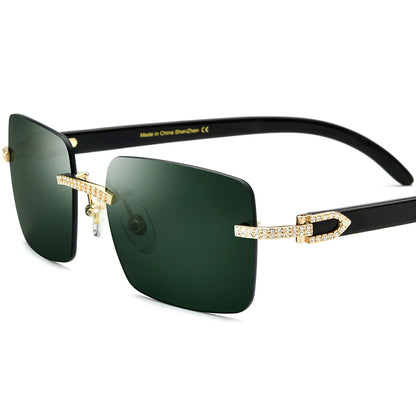 Diamante Rimless Square Sunglasses with Horn-Effect Temple - Dark Green - MCROONS