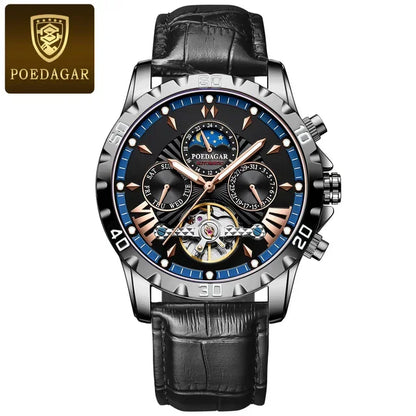 Poedagar 1410 Men's Luxury Automatic Mechanical Watch – Leather Strap, Waterproof, Luminous, Date