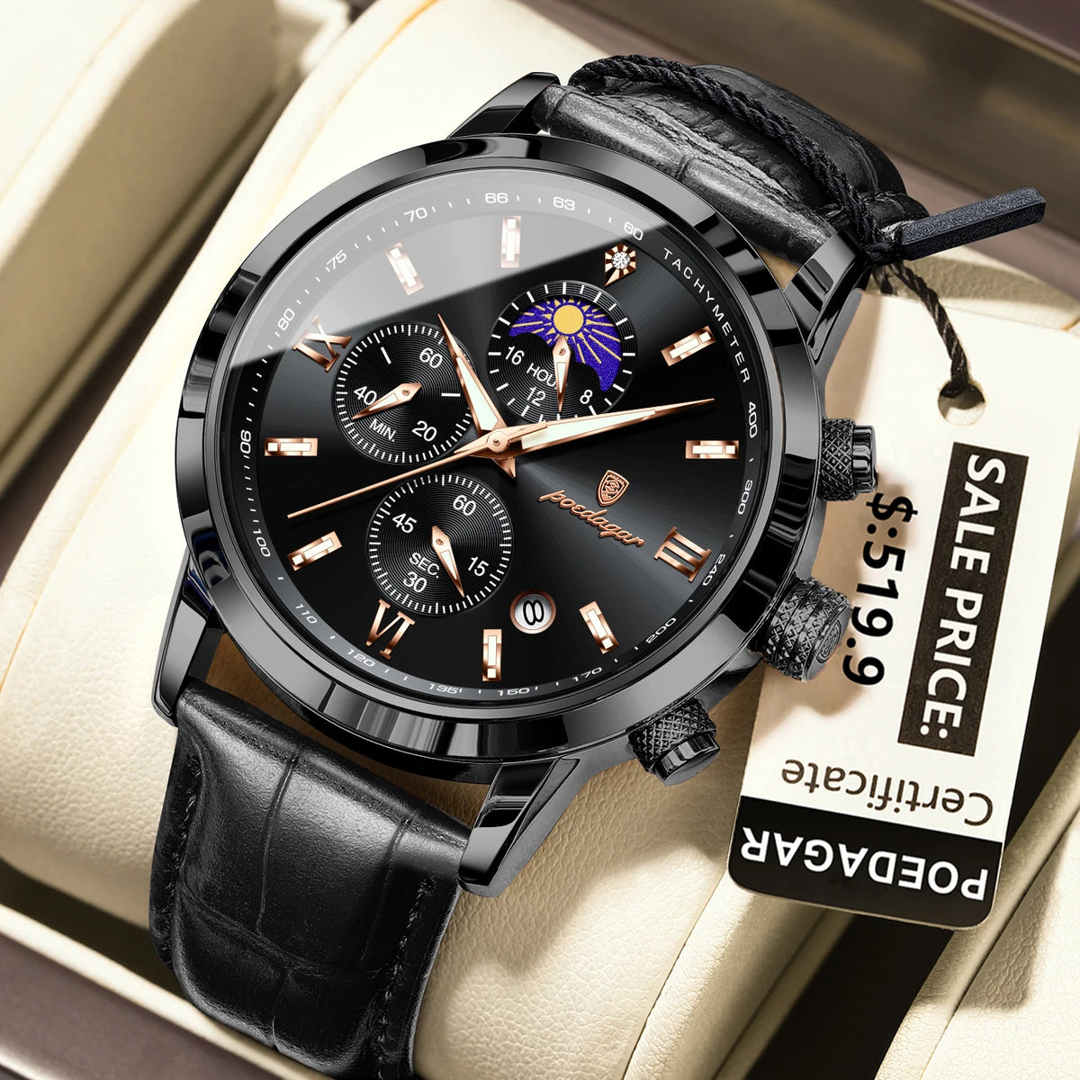 Poedagar 882 Men's Luxury Chronograph Quartz Watch – Leather Strap, Waterproof, Luminous, Date