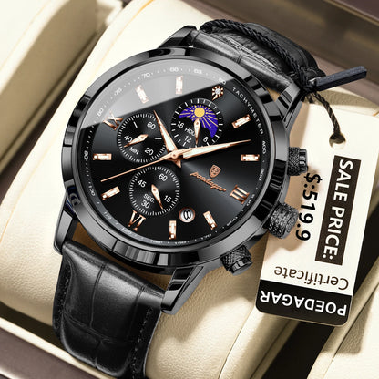 Poedagar 882 Men's Luxury Chronograph Quartz Watch – Leather Strap, Waterproof, Luminous, Date