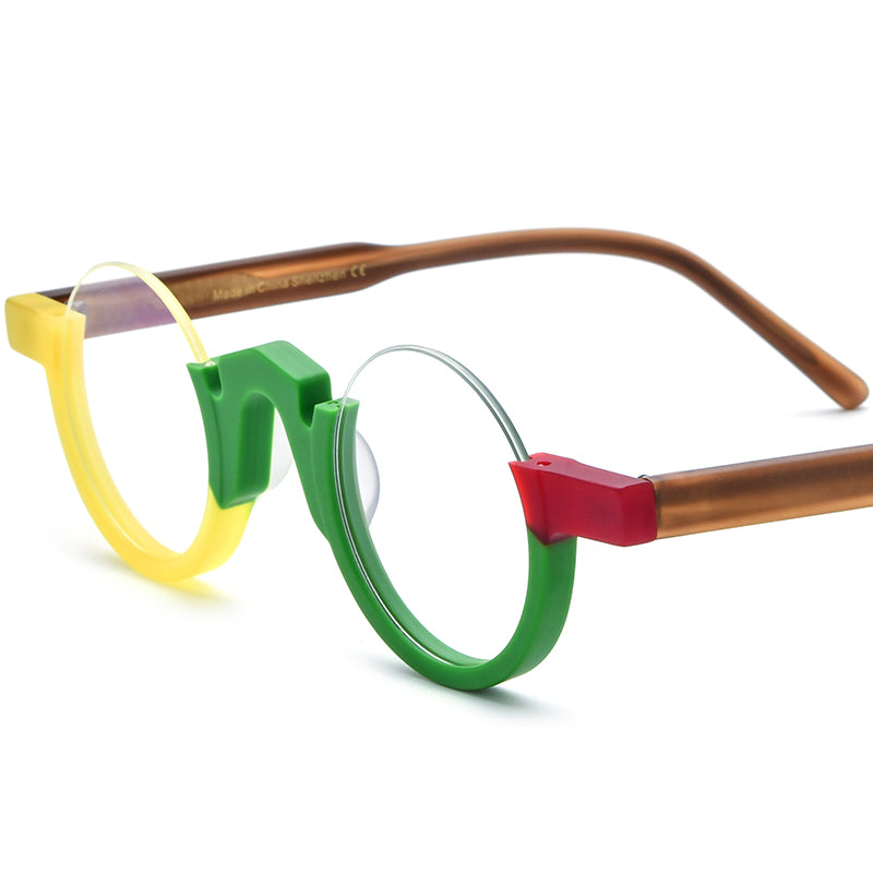Colour-Block Semi-Rimless Round Acetate Optical Glasses Frame - Yellow Green - MCROONS