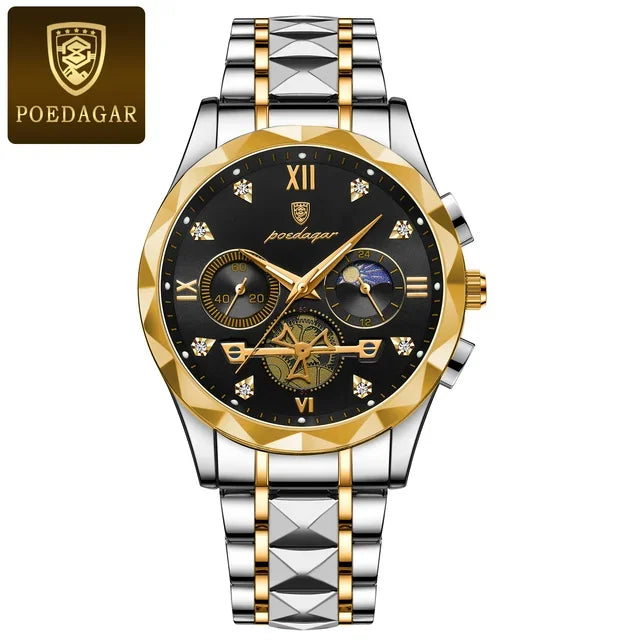 Poedagar 996 Men's Luxury Chronograph Quartz Watch – Stainless Steel Band, Waterproof, Luminous, Date