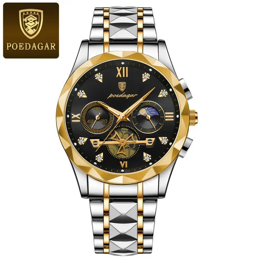 Poedagar 996 Men's Luxury Chronograph Quartz Watch – Stainless Steel Band, Waterproof, Luminous, Date