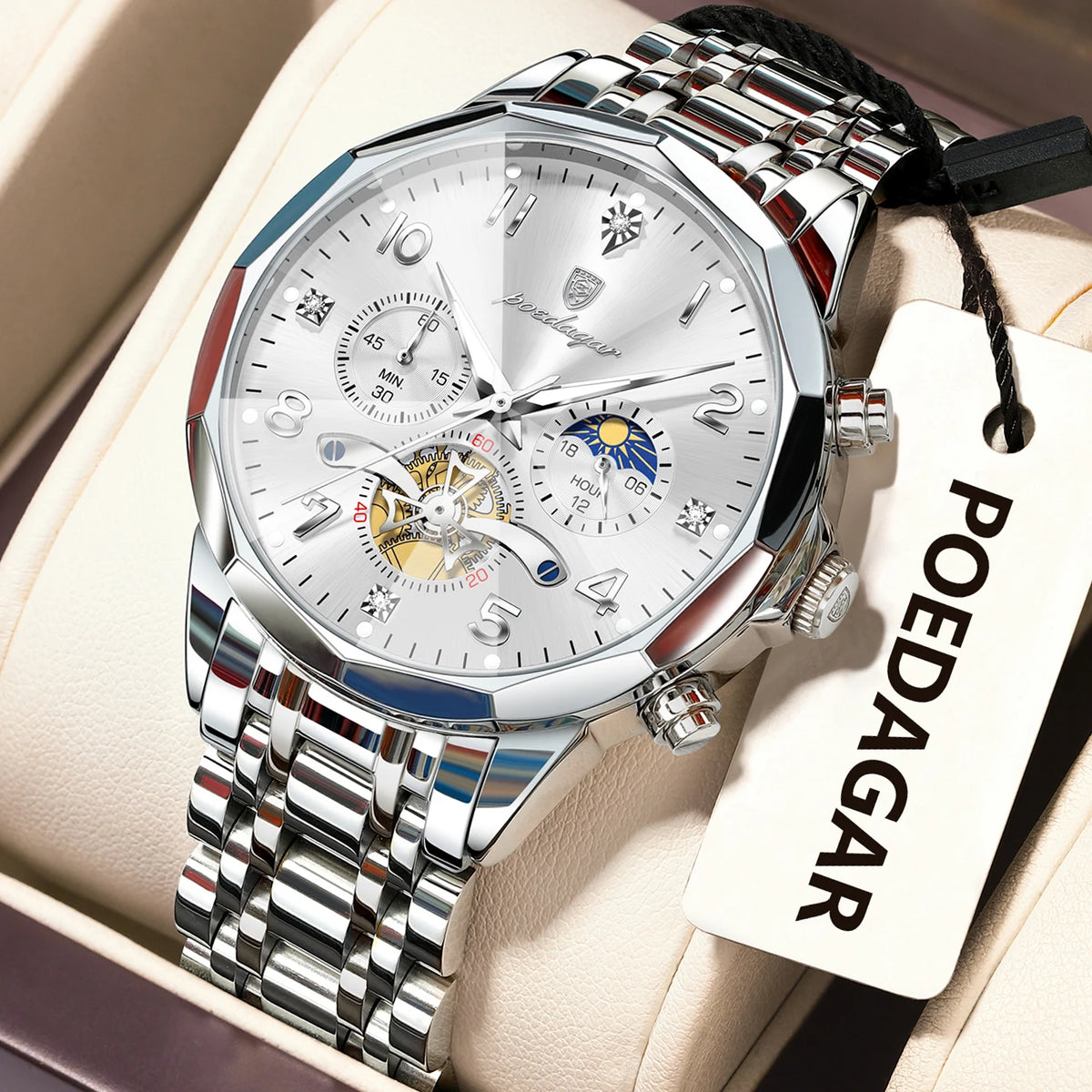 Poedagar 939 Men's Luxury Chronograph Quartz Watch – Stainless Steel Band, Waterproof, Luminous