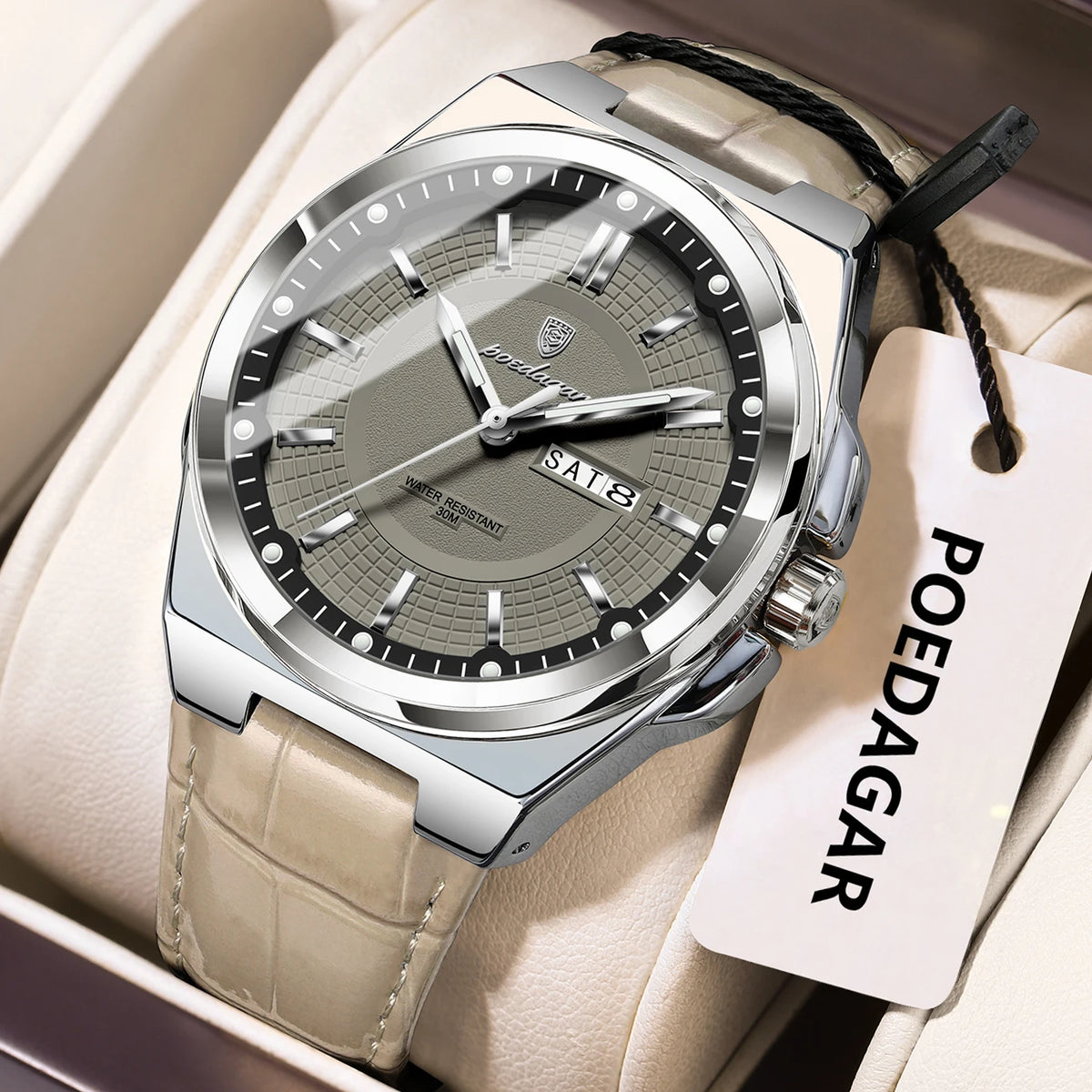 Poedagar 896 Men's Luxury Quartz Watch – Leather Strap, Waterproof, Luminous, Date