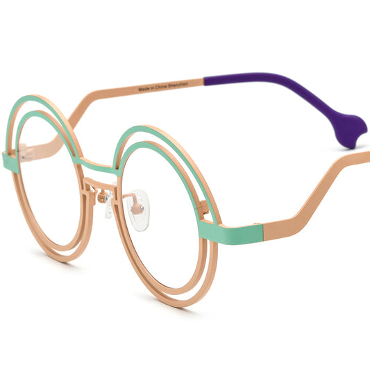 Matte Titanium Double-Ring Round Optical Glasses Frame - Matte Cyan Yellow - MCROONS