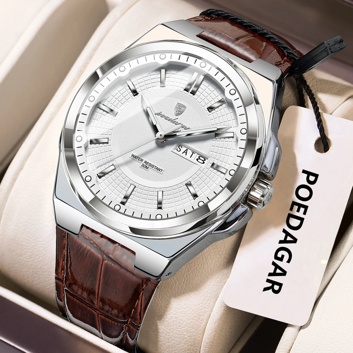 Poedagar 896 Men's Luxury Quartz Watch – Leather Strap, Waterproof, Luminous, Date