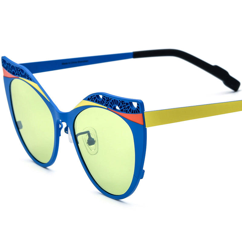 Colourful Titanium Hollow-Out Cat Eye Polarised Sunglasses - Blue Yellow Frame Green Lens - MCROONS