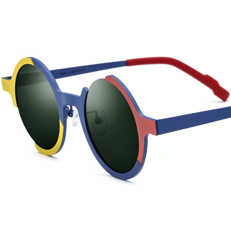 Colourful Titanium Round Polarised Sunglasses - Blue Frame Dark Green Lens - MCROONS