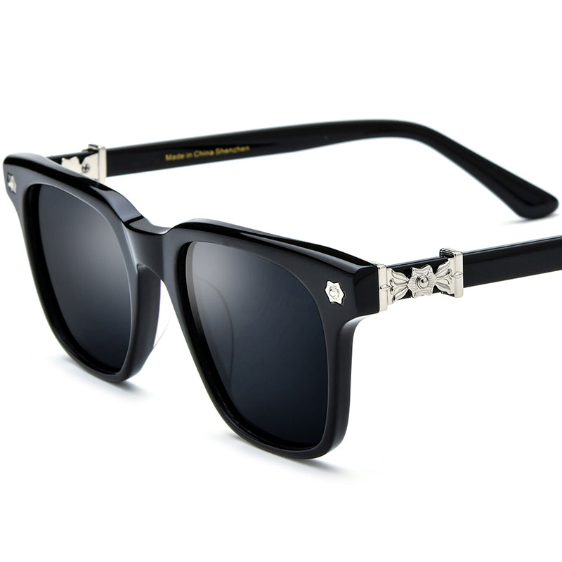 Vintage Square Acetate Polarized Sunglasses UV400 - Black Gray Lens - MCROONS
