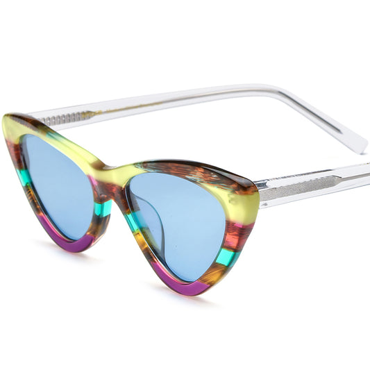 Multicolour Cat Eye Acetate Mirrored Polarized Sunglasses UV400 - Yellow Purple Blue Lens - MCROONS