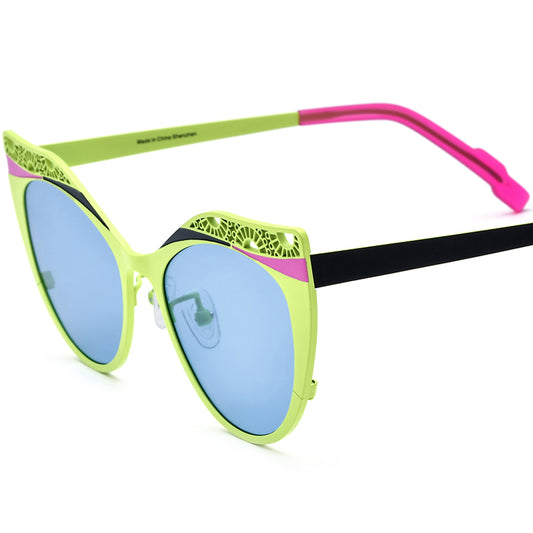 Colourful Titanium Hollow-Out Cat Eye Polarised Sunglasses - Green Grey Frame Blue Lens - MCROONS