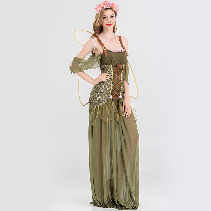 MCROONS Enchanted Forest Fairy women's Halloween costume featuring a magical fairy dress with leafy and floral details.