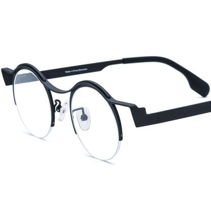 Titanium Semi-Rimless Round Optical Glasses Print - Black Frame - MCROONS
