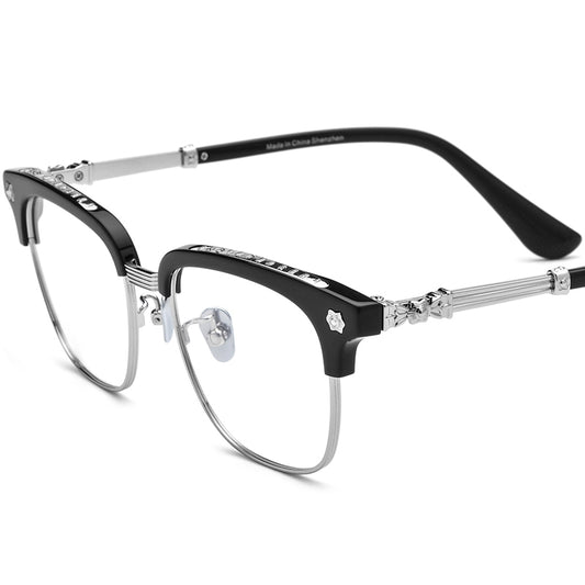 Chrome Acetate Square Optical Glasses Frame - Black Silver - MCROONS