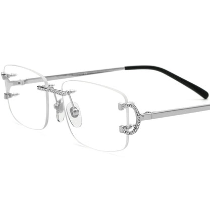 Diamante Rimless Square Metal Optical Glasses Frame - Silver - MCROONS