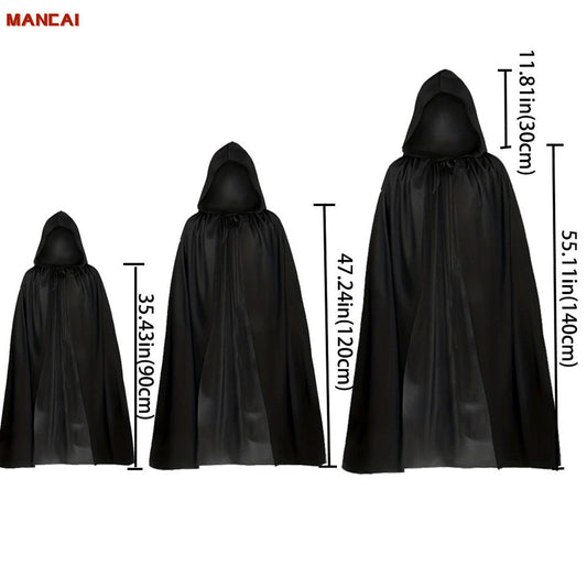 Unisex hooded death cloak costume by MCROONS featuring a long black hooded robe with dramatic cape and hood for a spooky look.