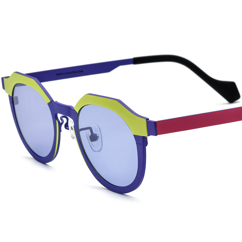 Colourful Titanium Cat Eye Polarised Sunglasses - Yellow Blue Frame Purple Lens - MCROONS