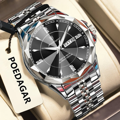 Poedagar 674 Men's Luxury Quartz Watch – Stainless Steel Band, Waterproof, Luminous, Date