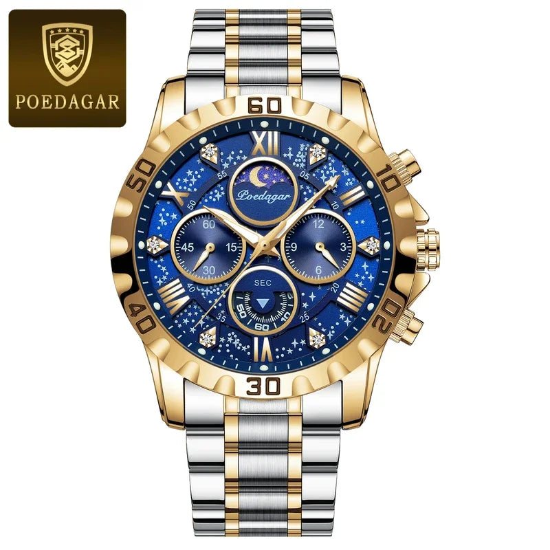 Poedagar 973 Men's Luxury Chronograph Quartz Watch – Stainless Steel Band, Waterproof, Luminous