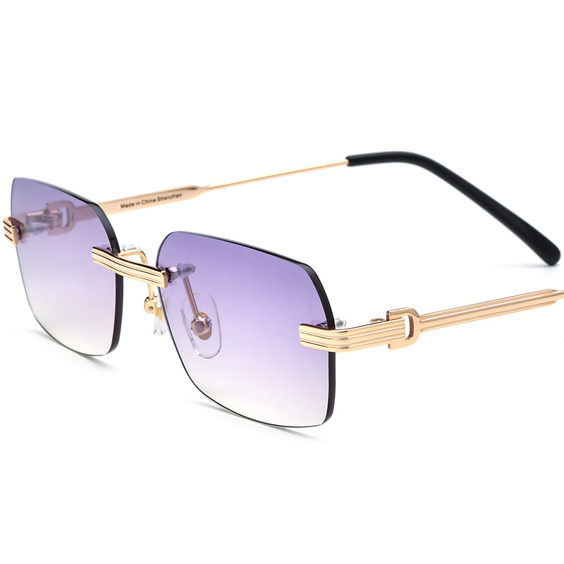 Rimless Alloy Square Mirrored Sunglasses - Gold Blue Gradient Yellow Lens - MCROONS