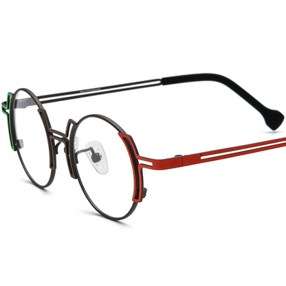 Two-Tone Titanium Round Optical Glasses Frame - Brown Red - MCROONS