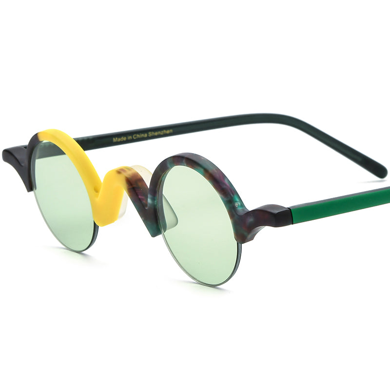 Multicolour Small Round Acetate Half-Rim Sunglasses UV400 - Matte Yellow Green Green Lens - MCROONS