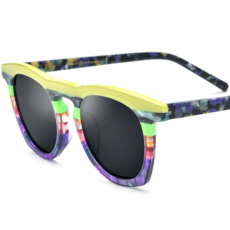 Vintage Multicolour Round Acetate Polarized Mirrored Sunglasses - Purple Gray Lens - MCROONS