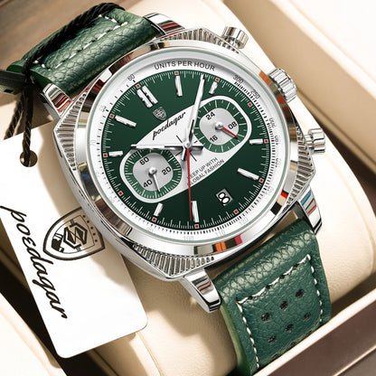 Poedagar 838 Men's Luxury Chronograph Quartz Watch – Leather Strap, Waterproof, Luminous, Date