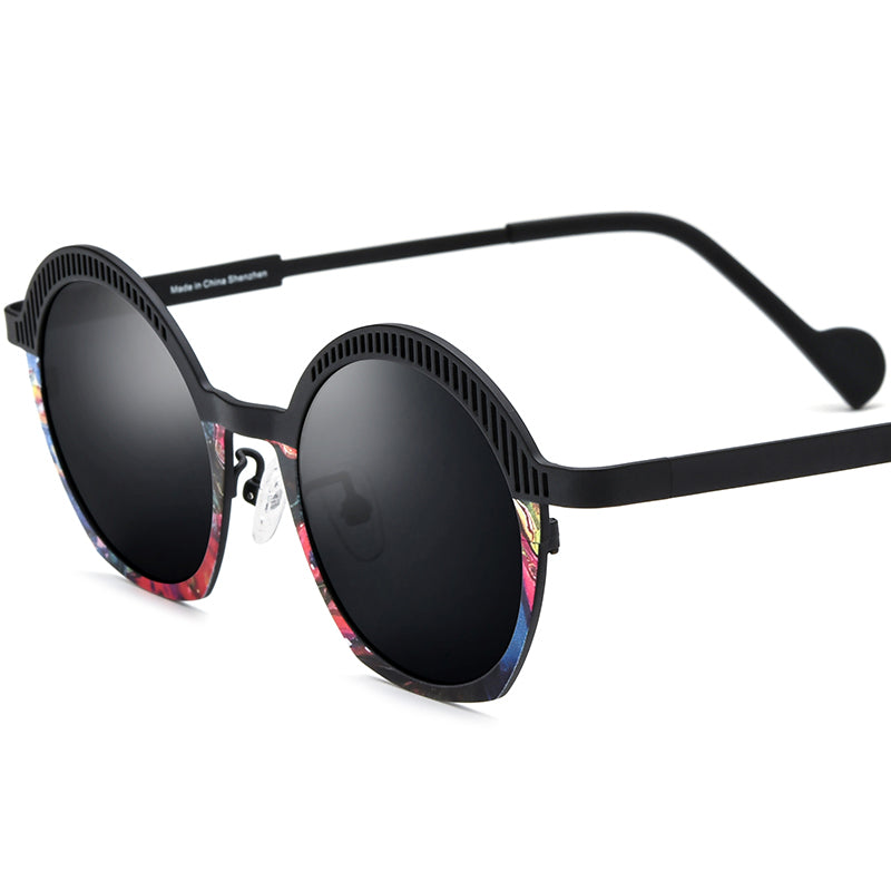 Retro Oval Titanium Polarized Sunglasses UV400 - Black Colorful Gray Lens - MCROONS