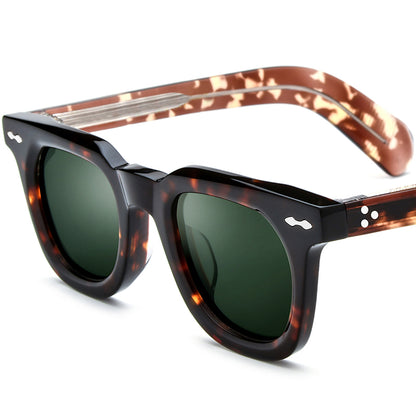 Vintage Square Thick Acetate Polarized Mirrored Sunglasses - Leopard Silver Dark Green Lens - MCROONS