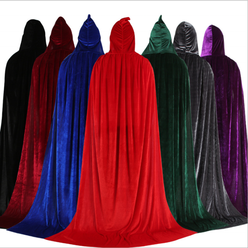Black velvet hooded cosplay cape from Mcroons, featuring a flowing design and detailed hood for costume or cosplay outfits.